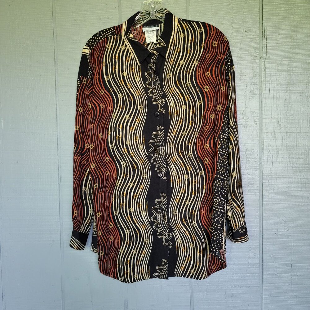 Caliche Collection Women's Vintage Long-Sleeve Abstract Print Shirt. Size M